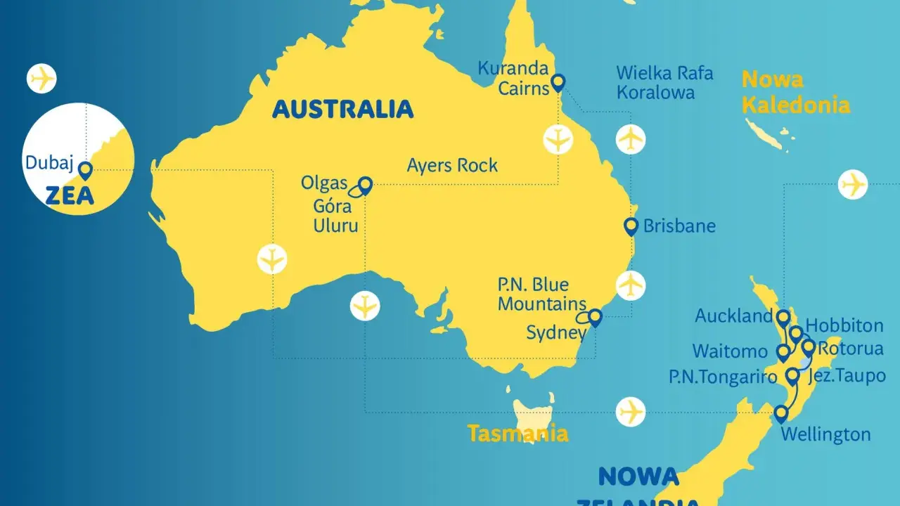 Mapa pokazuje podróż z Dubaju do Australii i Nowej Zelandii, z zaznaczonymi atrakcjami jak Uluru, Wielka Rafa Koralowa i Hobbiton.