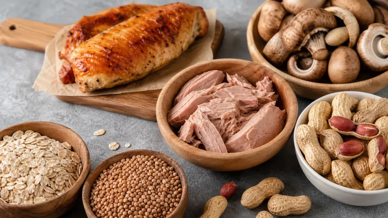 Cibi ricchi di niacina, utili per prevenire la pellagra malattia: pollo, tonno, funghi, arachidi, avena e ceci.