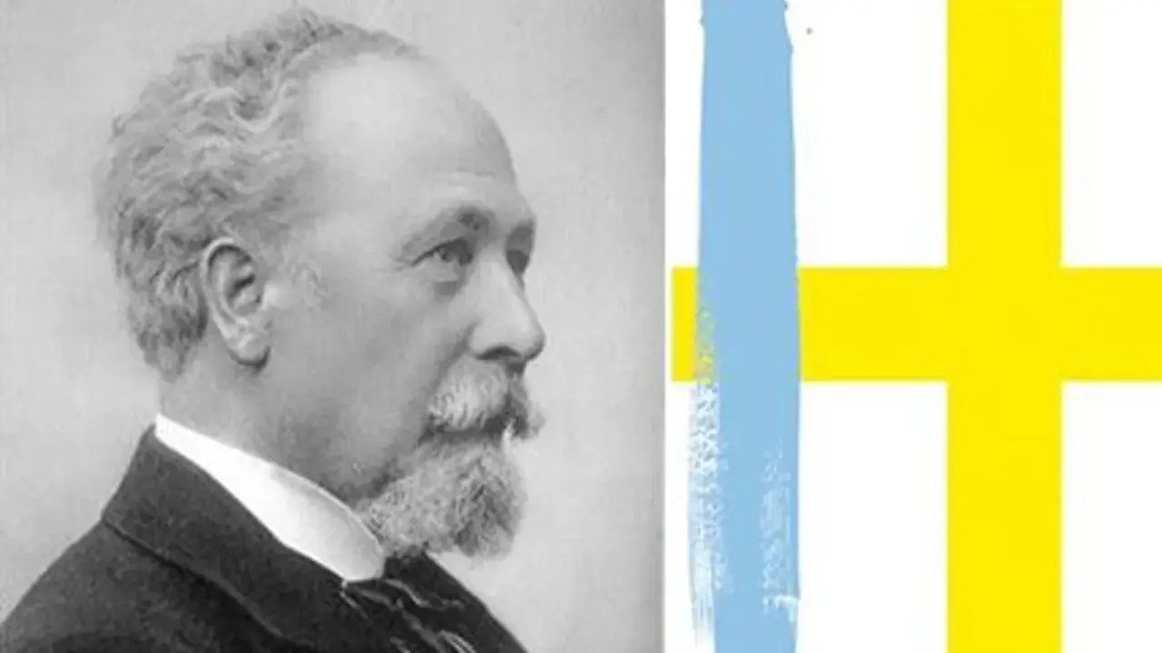 Porträtt av Helgo Zettervall, en framstående svensk arkitekt, bredvid en stiliserad svensk flagga.