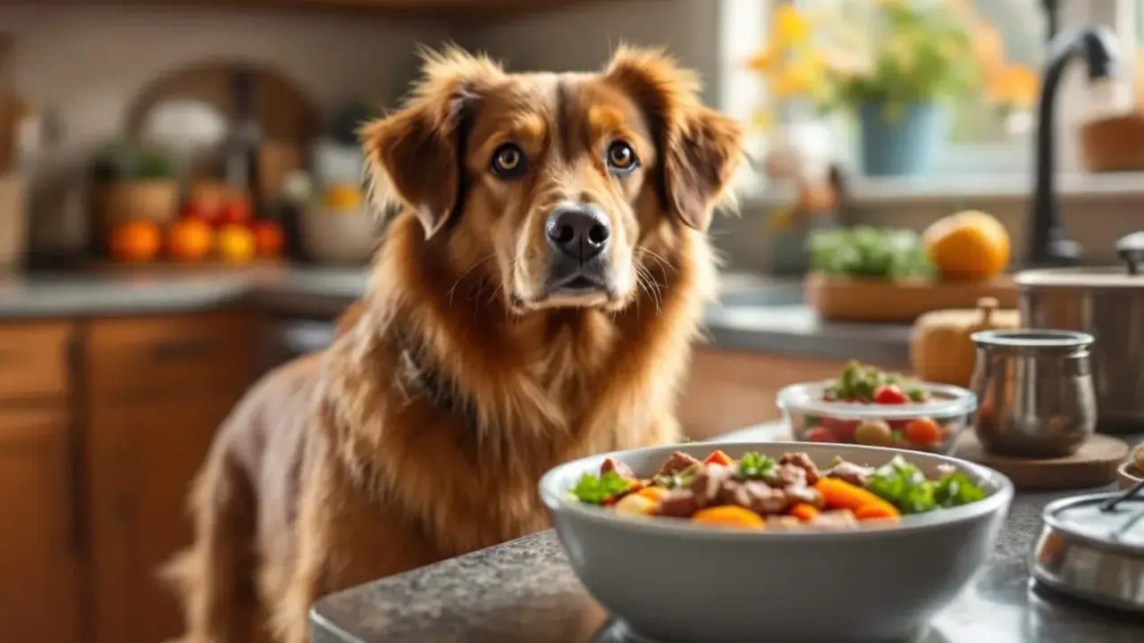 Un golden retriever attend patiemment sa nourriture, un plat appétissant de viande et de légumes est posé sur le comptoir de la cuisine.