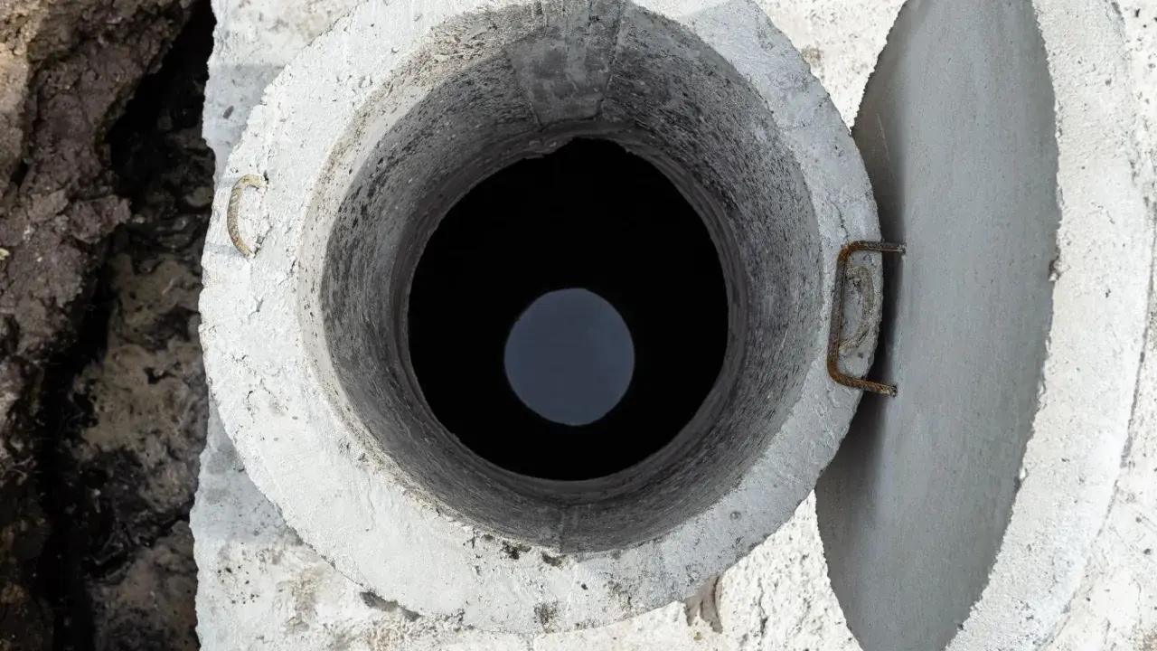 Otwarty betonowy właz szamba, widok z góry. Rozważasz, jak uszczelnić szambo betonowe od środka?