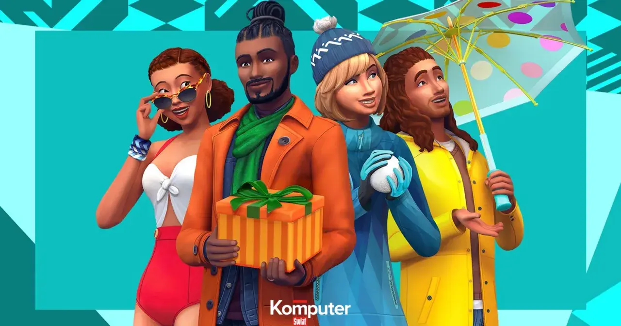 Cztery postacie z gry The Sims, w tym kobieta w stroju kąpielowym, mężczyzna z prezentem, dziewczyna z kulką śniegu i mężczyzna z parasolką. To idealne simsy dla dorosłych!