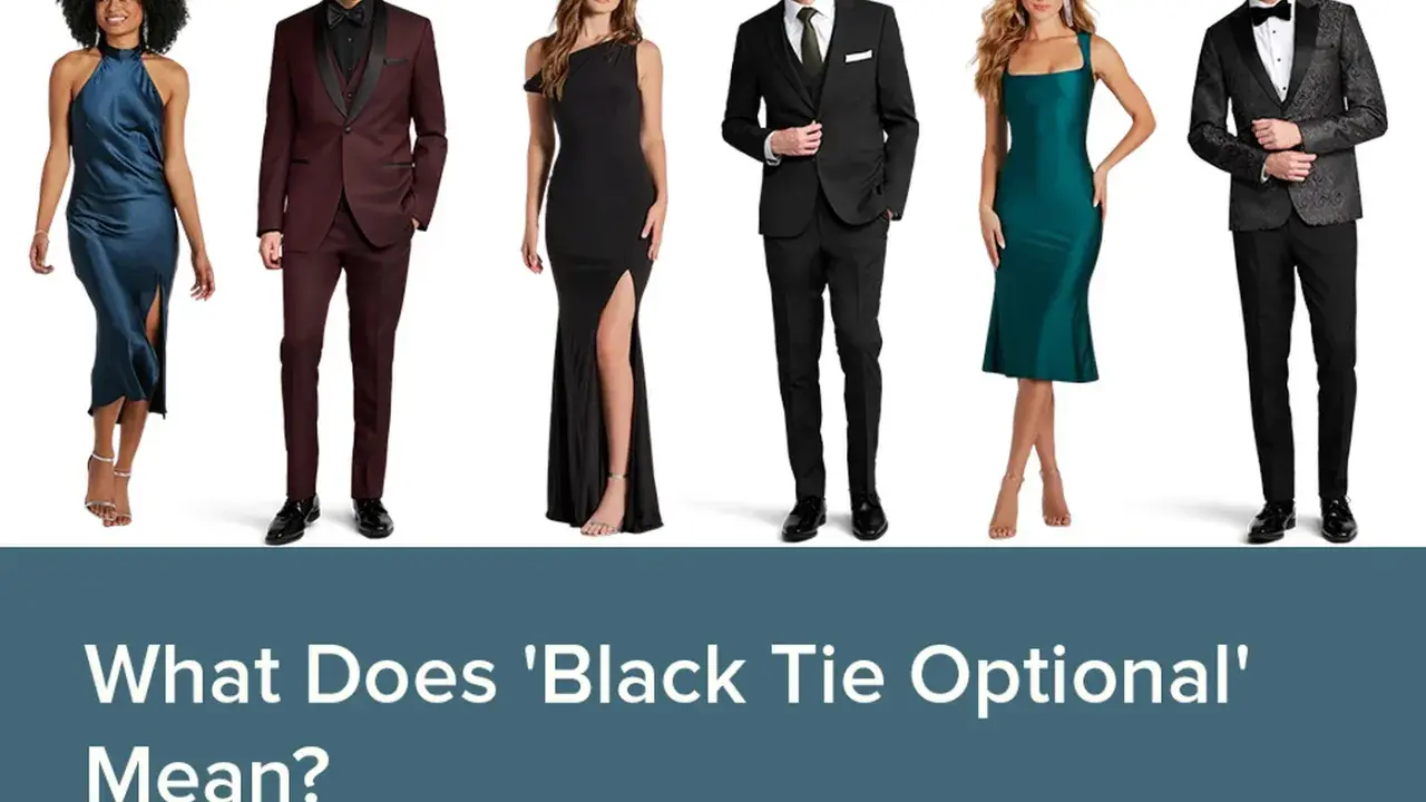 Six people in formal wear, including a burgundy black tie optional suit, a black suit, and elegant dresses, stand against a white background.