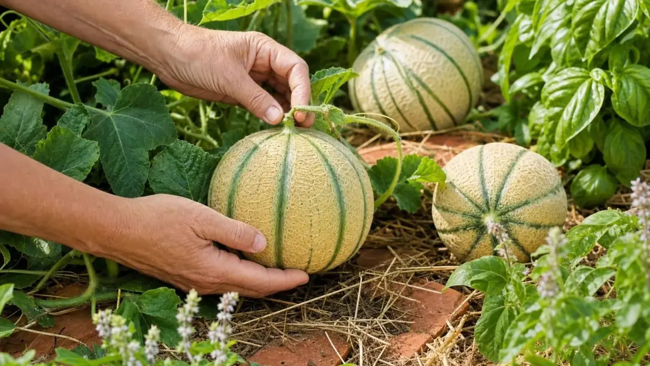 Mains cueillant un melon mûr dans une plantation de melons. Les fruits sont jaunes avec des rayures vertes, posés sur de la paille.