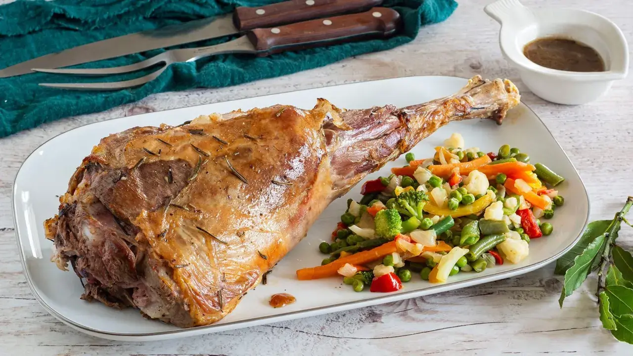 Succulento agnello al forno, dorato e profumato, servito con un contorno di verdure miste colorate.