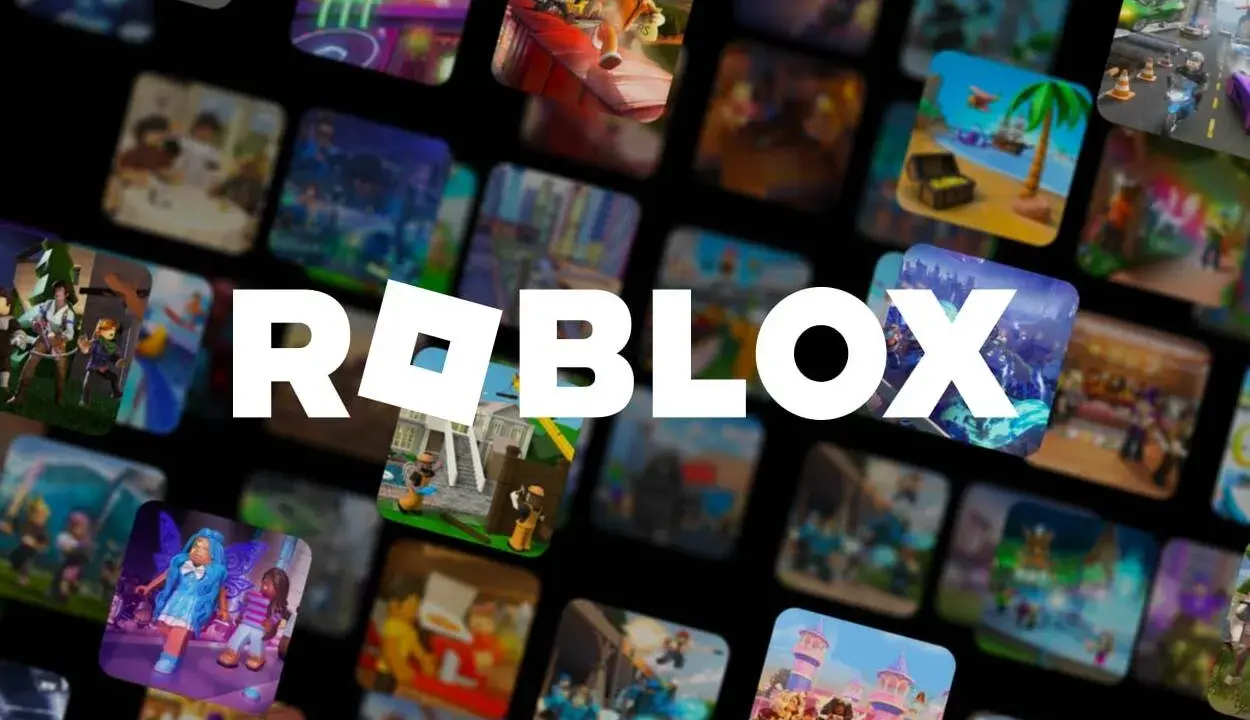 Logo Roblox otoczone mozaiką z miniaturkami fajne gry na roblox. Widać różne światy i postacie.