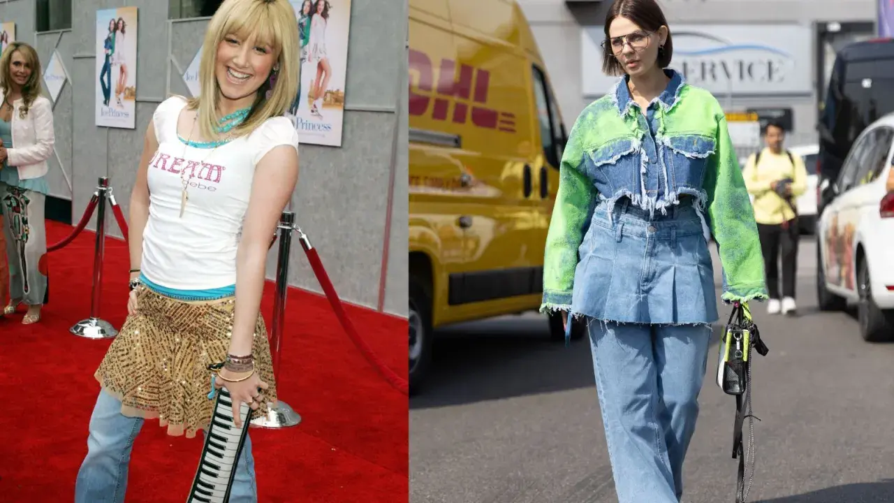 A young woman in a sparkly skirt over jeans poses on a red carpet. Another woman walks in a denim jacket with neon green sleeves, also wearing a skirt over jeans.
