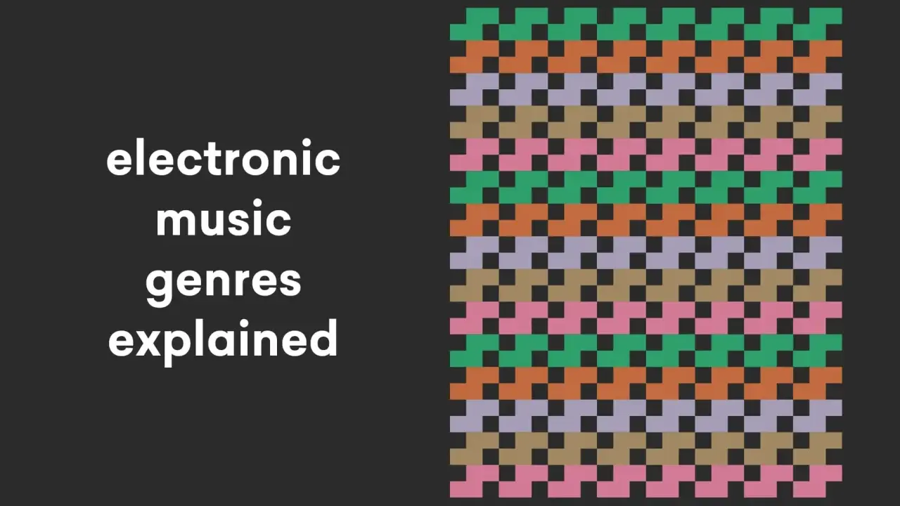 Spiegazione dei generi di musica elettronica, con un pattern colorato che ricorda le onde sonore.