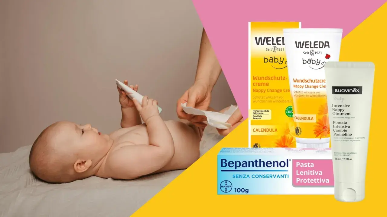 Bambino con pannolino e creme per la dermatite da pannolino quale crema usare: Weleda, Suavinex e Bepanthenol.