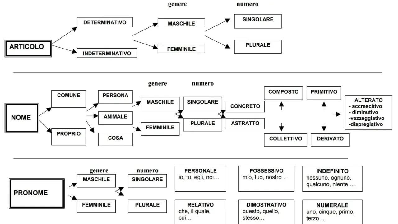 Schema per l'analisi grammaticale: articolo, nome e pronome con genere, numero e altre categorie. Un vero capostazione per l'analisi grammaticale.