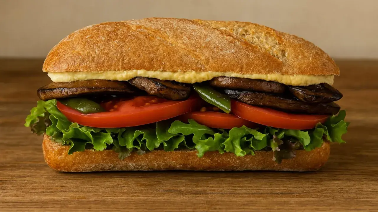Un delicioso sandwich saludable con champiñones portobello, tomate, lechuga y pimientos verdes en pan rústico.