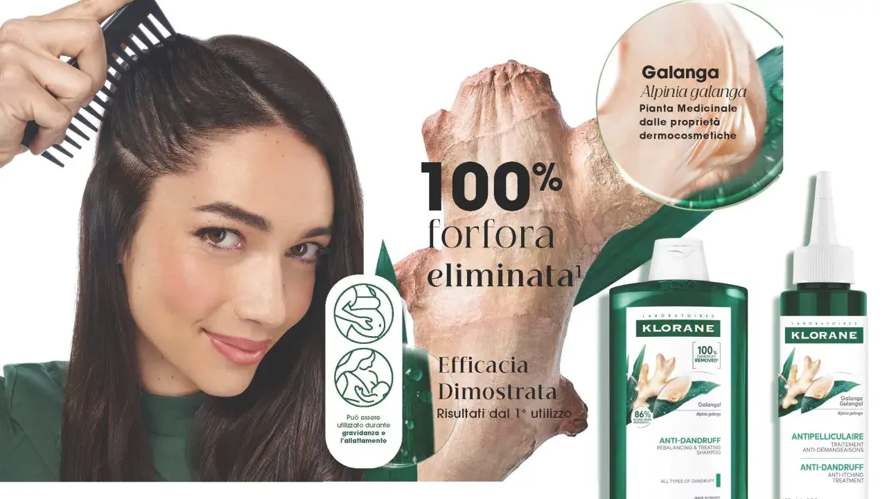 Capelli appena lavati senza forfora, grazie al trattamento Klorane con Galanga. Efficacia dimostrata dal primo utilizzo.