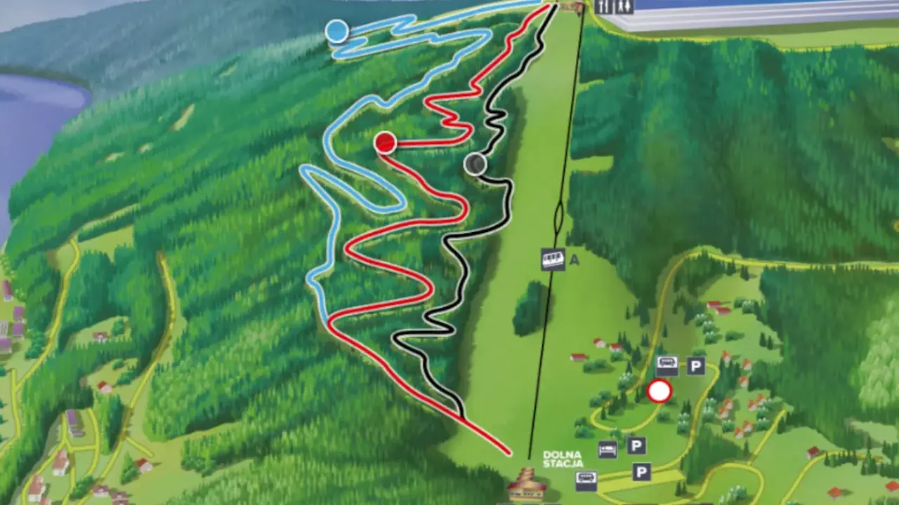 Mapa tras zjazdowych na Górze Żar. Widoczne są trasy rowerowe (niebieska, czerwona, czarna) oraz kolejka linowa.