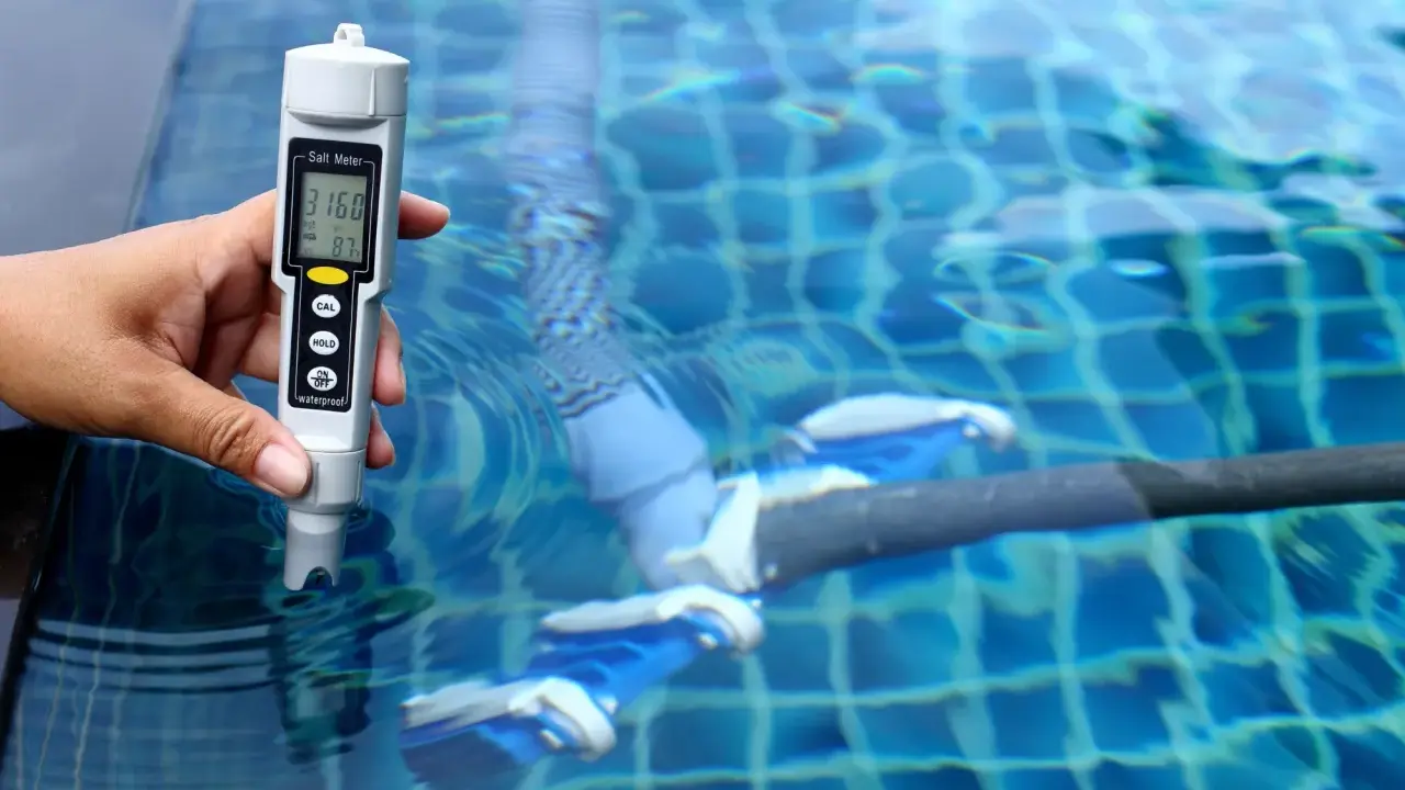 Mano mide salinidad de piscina con cloración salina. El medidor muestra 3160 ppm, indicando posibles problemas.
