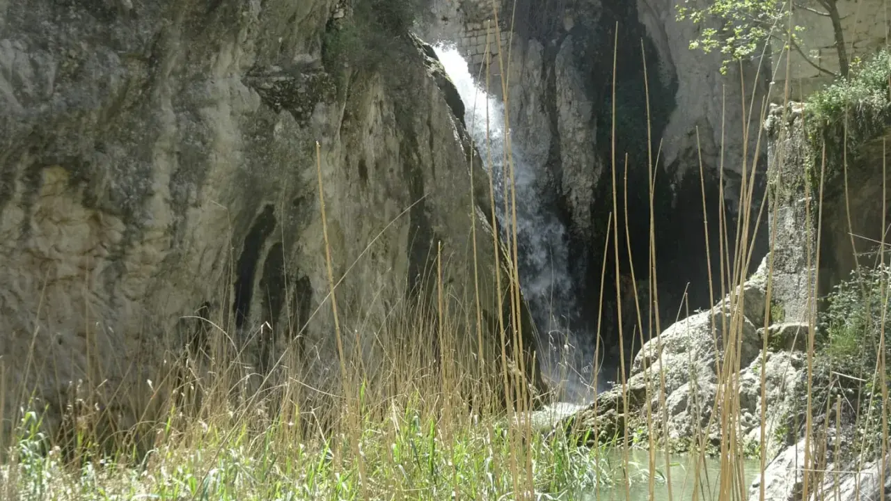 Cascada en un cañón rocoso, con juncos en primer plano. Un lugar ideal para explorar las rutas de agua en Alicante.