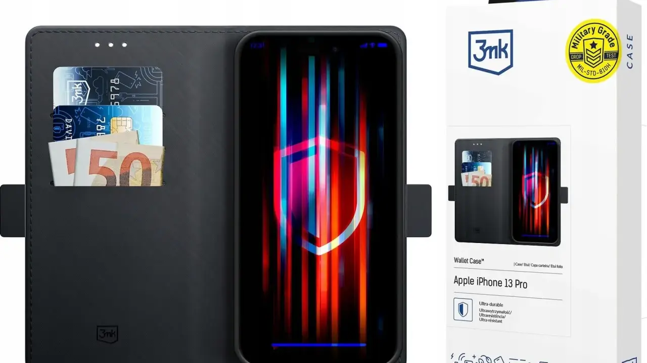 Czarne etui z klapką na iPhone 13 Pro, z miejscem na karty i banknoty. Idealne dla ceniących styl i bezpieczeństwo.