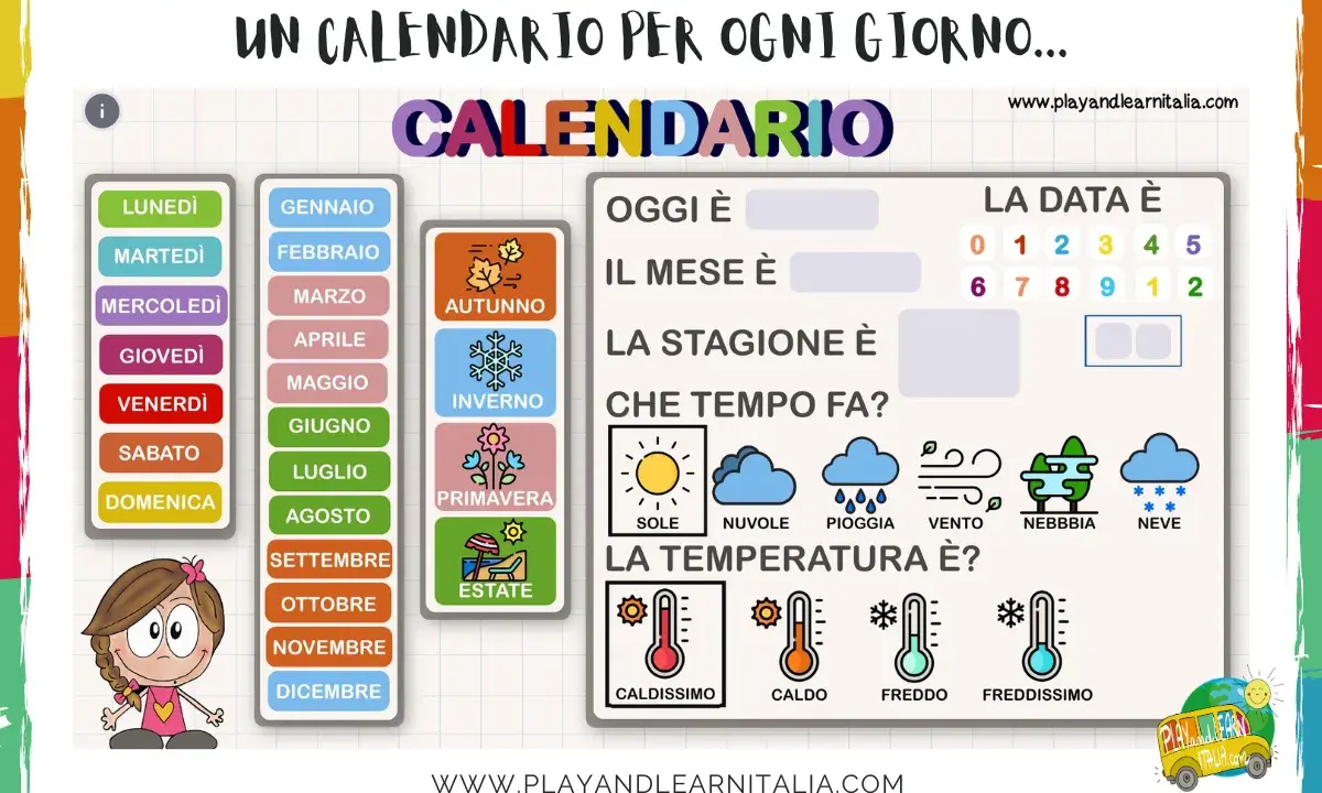 Un calendario per la scuola dell'infanzia per imparare giorni, mesi, stagioni e meteo.