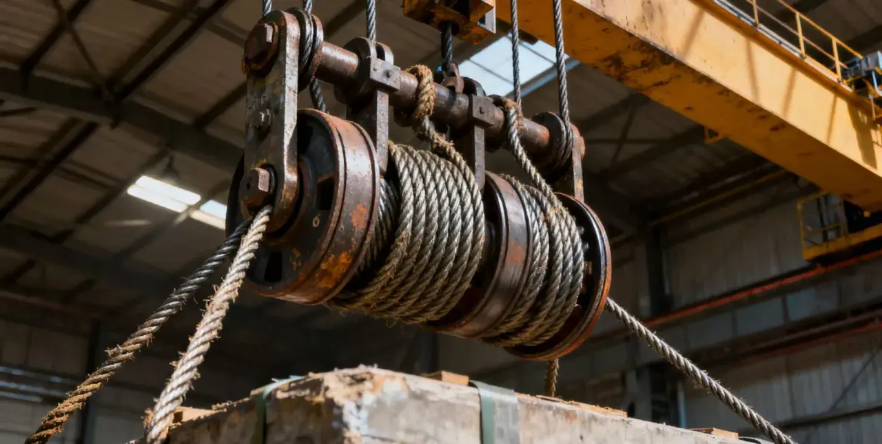Un palan avec des poulies rouillées, prêt à soulever une charge. Le câble métallique s'enroule autour des roues pour fabriquer un palan efficace.