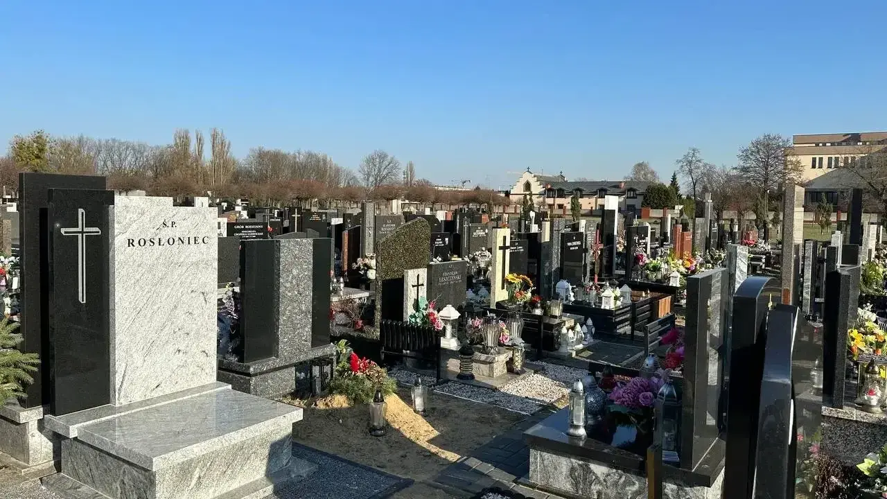 Wiele nagrobków na cmentarzu, niektóre ozdobione krzyżami i kwiatami.