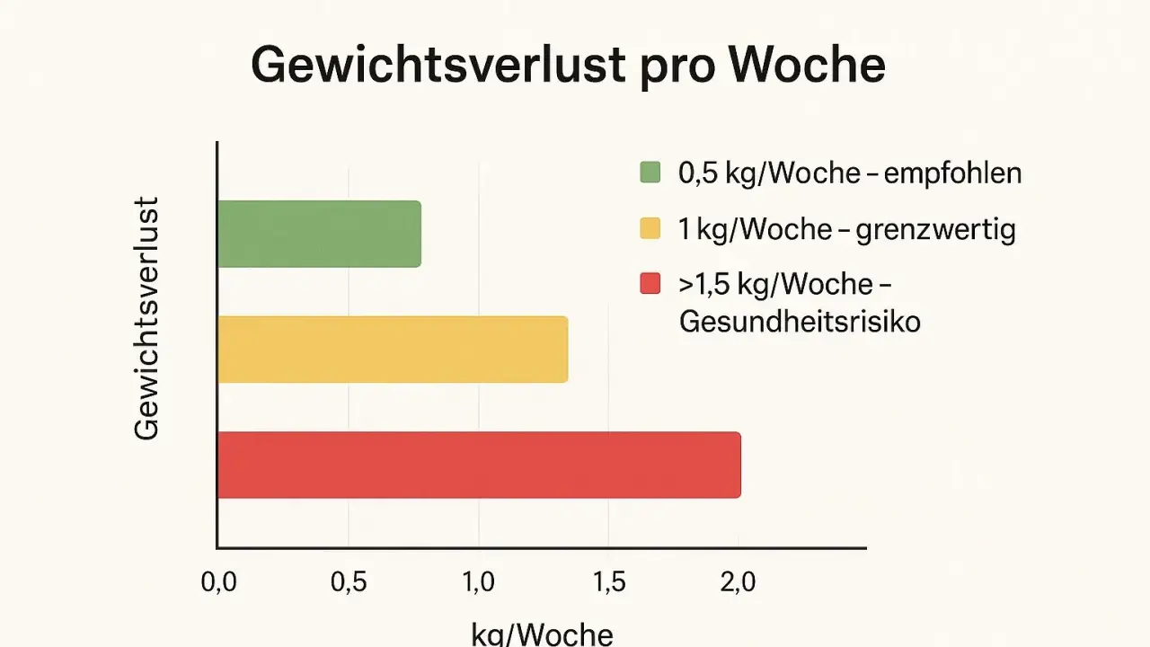 Grafik zeigt, wie viel kann man in einem monat abnehmen: 0,5 kg/Woche ist empfohlen, 1 kg/Woche grenzwertig, über 1,5 kg/Woche birgt Gesundheitsrisiko.