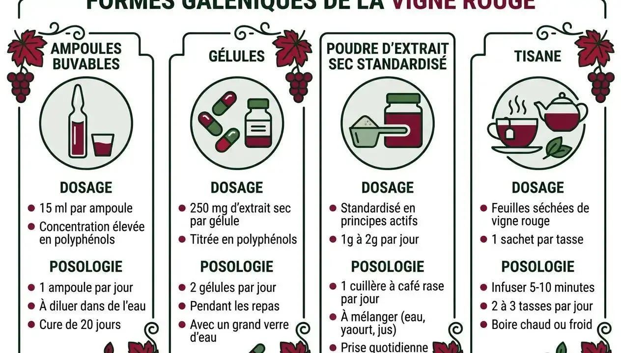 Différentes formes de vigne rouge : ampoules, gélules, poudre, tisane. Découvrez les bienfaits de la vigne rouge et comment la consommer.