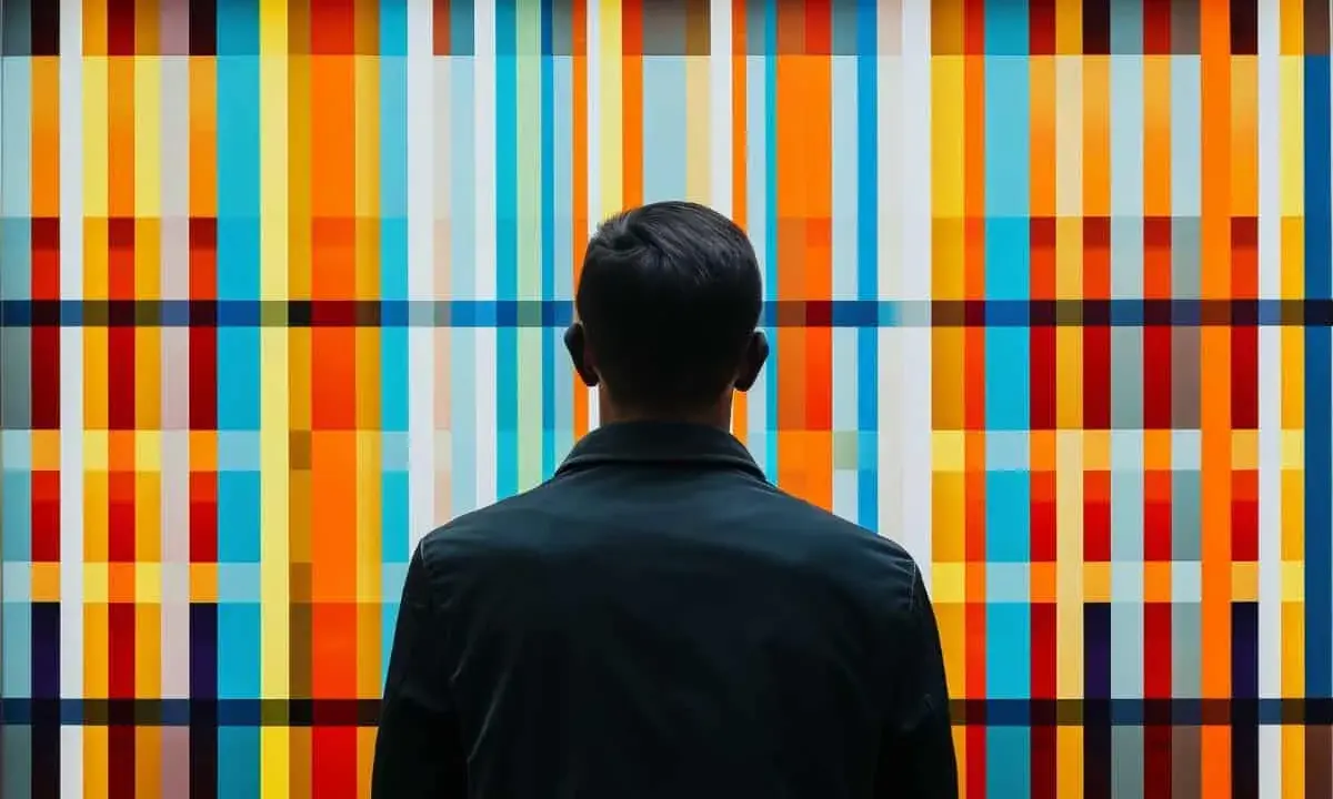 Uomo osserva un'opera d'arte astratta con strisce colorate. Il **parallelismo figura retorica** si ritrova nelle ripetizioni cromatiche e geometriche.