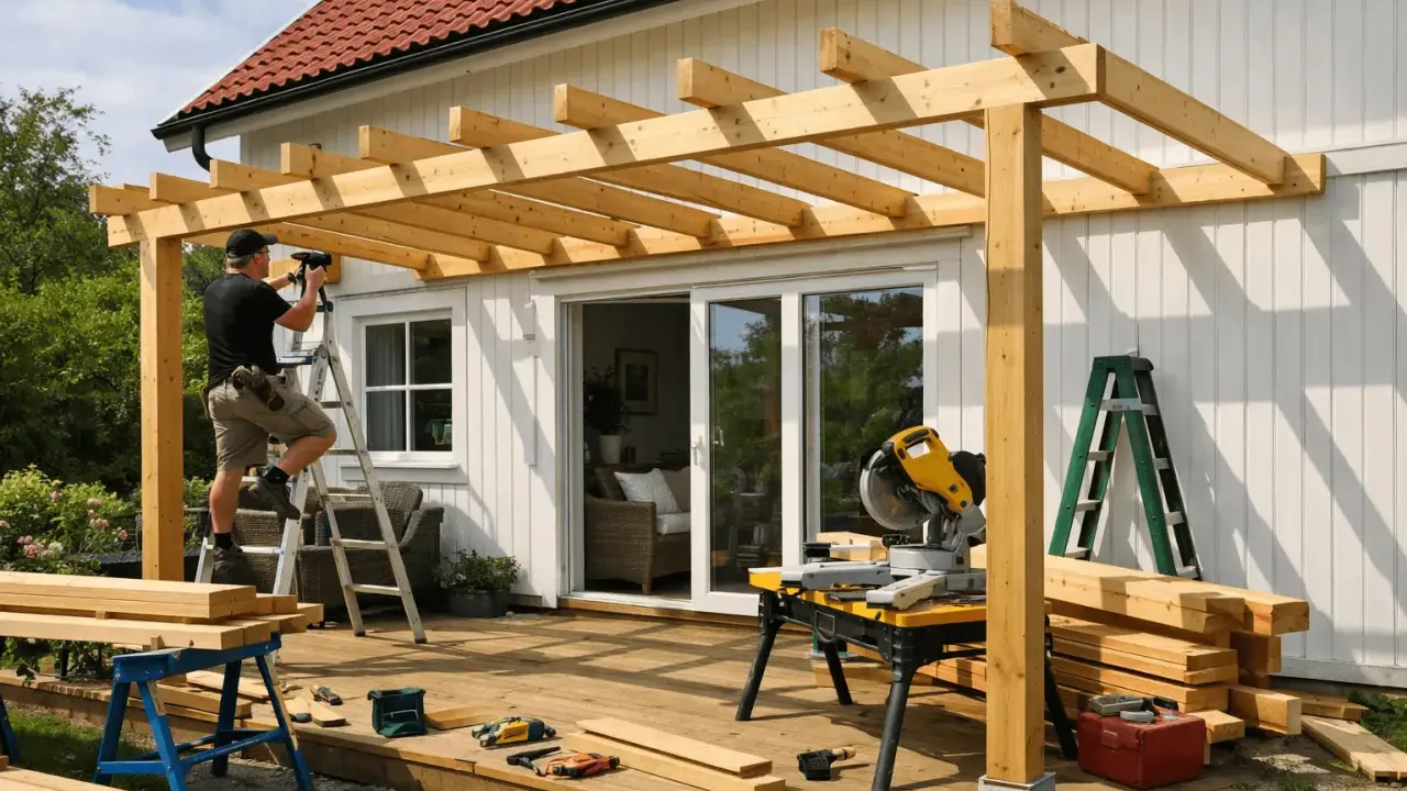 Man bygger en pergola på altanen. Trämaterial, såg och verktyg ligger redo.