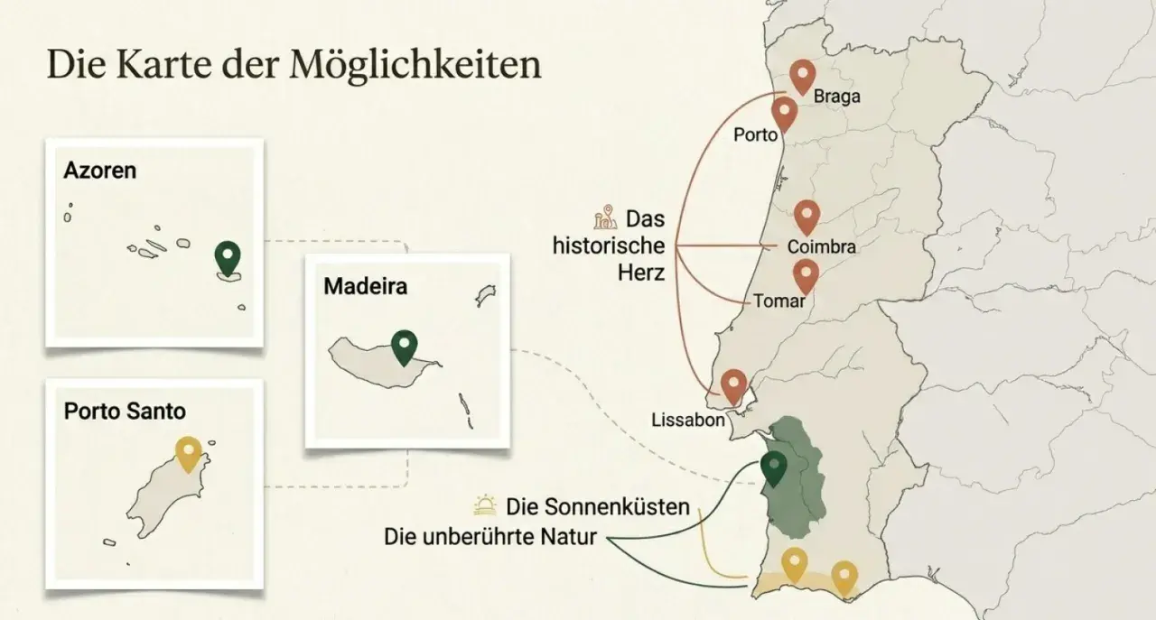 Karte zeigt verschiedene Portugal Regionen: Azoren, Madeira, Porto Santo, sowie das historische Herz mit Braga, Porto, Coimbra, Tomar und Lissabon.