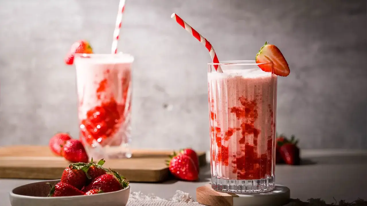 Zwei Gläser mit einem cremigen Erdbeer Milchshake, garniert mit frischen Erdbeeren und gestreiften Strohhalmen.
