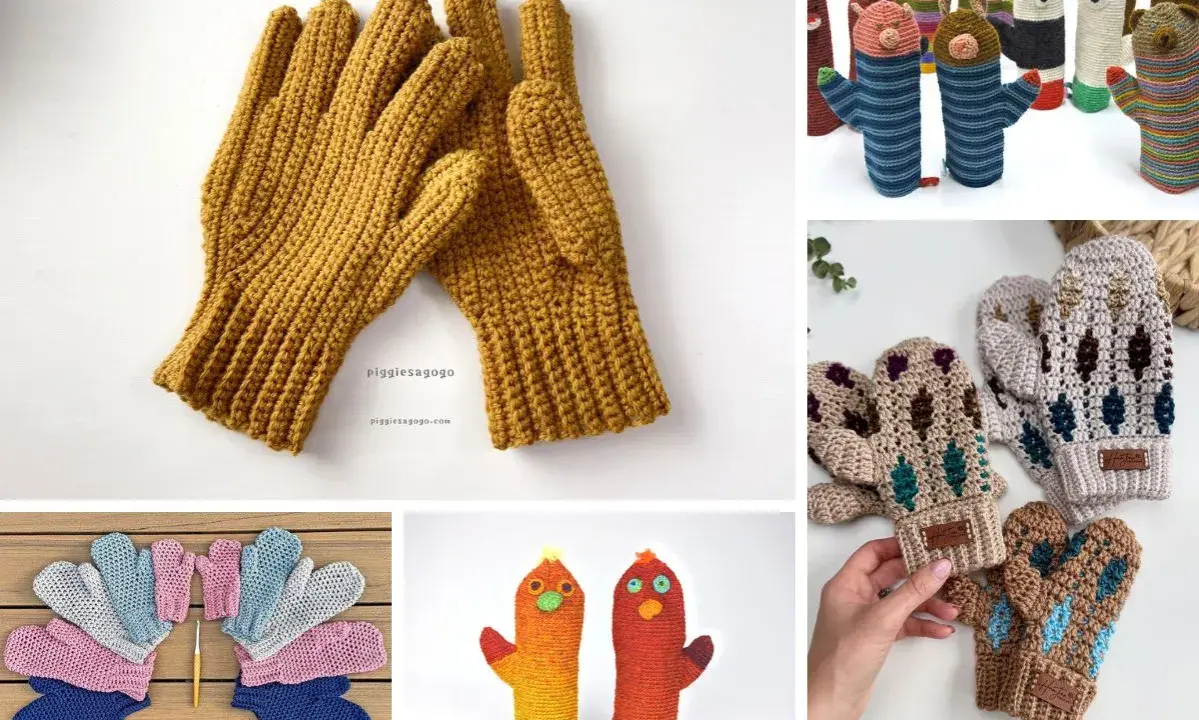 Variedad de mitones a crochet: guantes amarillos, muñecos animales, mitones de colores y diseños geométricos.