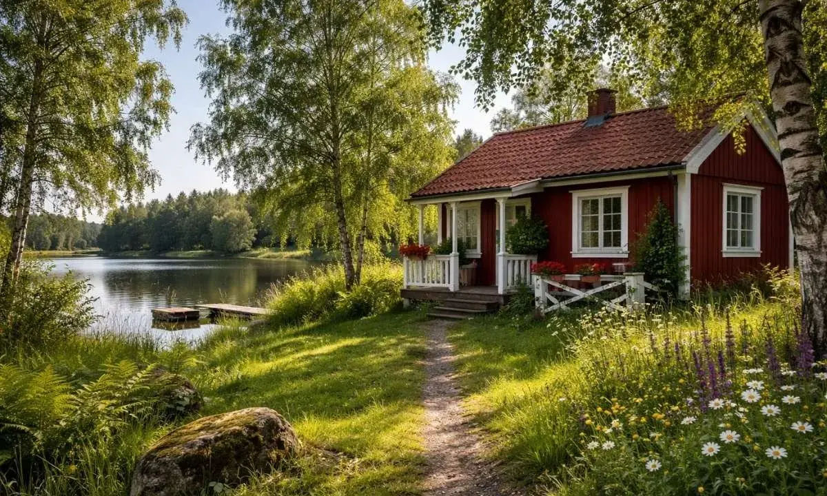 En röd stuga vid en sjö, omgiven av grönska och blommor. En stig leder fram till den charmiga gula stugan.
