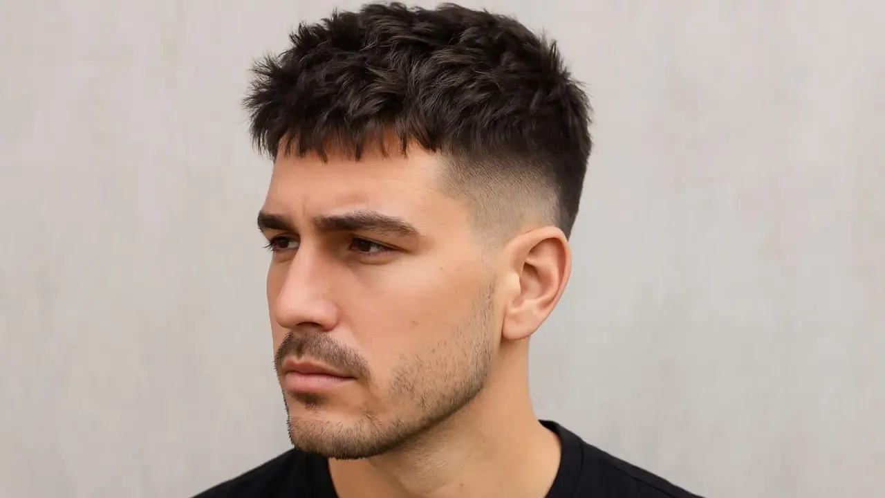 Mann mit modernem French Crop Haarschnitt, kurz geschorenen Seiten und einem leichten Bart.