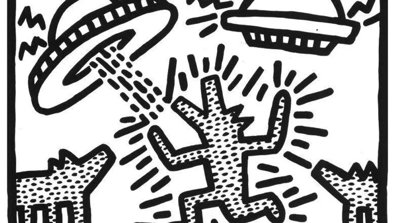 Keith Haring's iconic dog figures are caught in a UFO abduction, a playful yet thought-provoking scene.