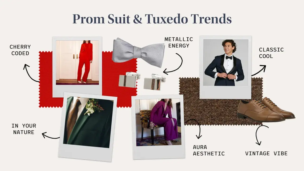 Prom suit and tuxedo trends: bold red, deep green, and purple suits, a classic navy tux, metallic accessories, and brown shoes.
