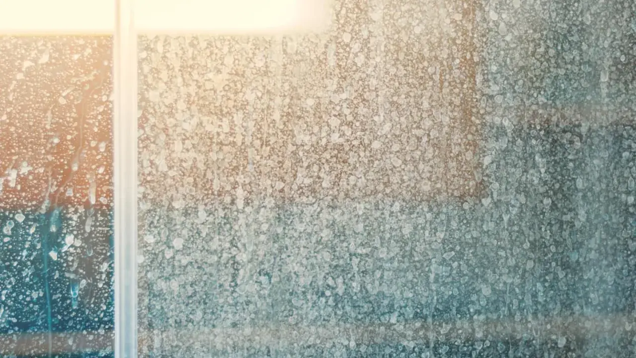 Gouttes d'eau et traces de calcaire sur une vitre de douche, créant un motif abstrait et flouté.