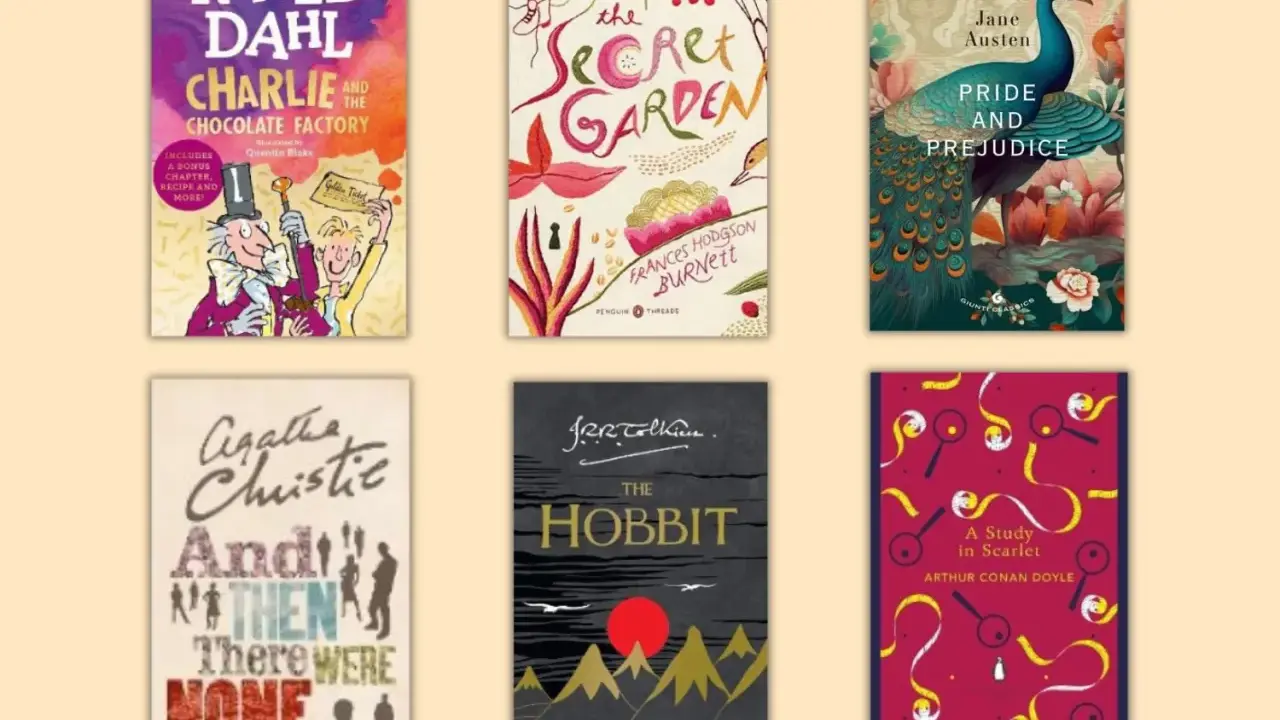 Sei libri da leggere in inglese: Charlie e la fabbrica di cioccolato, Il giardino segreto, Orgoglio e pregiudizio, E poi non rimase nessuno, Lo Hobbit, Uno studio in rosso.