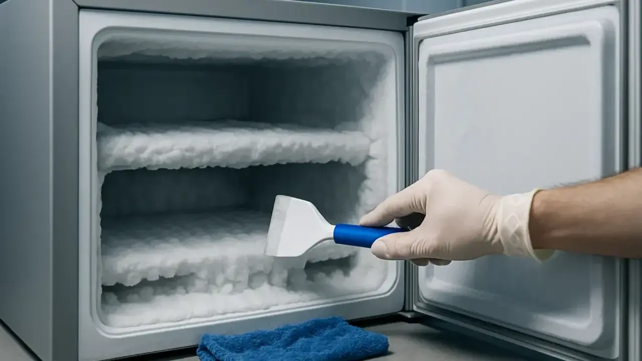Ręka w rękawiczce usuwa lód z zamrażarki no frost. Gruba warstwa szronu pokrywa półki, wskazując na potrzebę rozmrożenia.