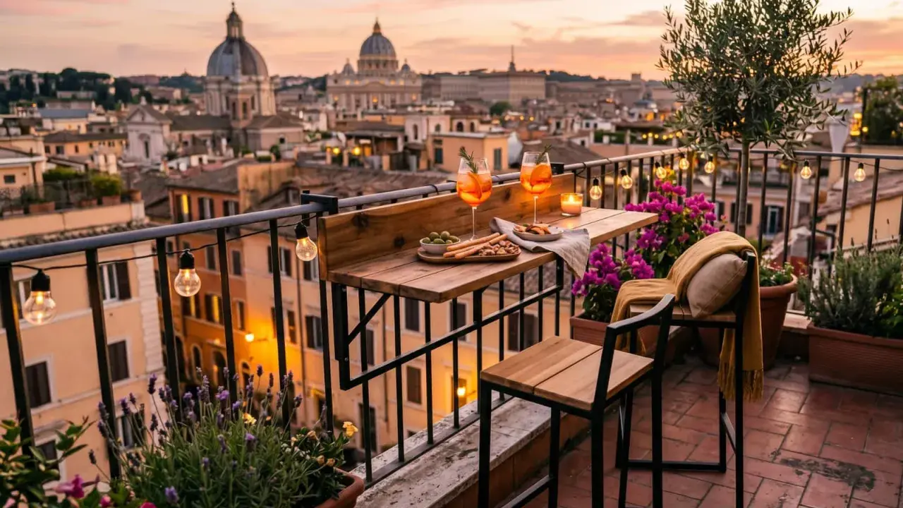 Terrazzo con vista su Roma al tramonto, due aperitivi, stuzzichini e luci soffuse. Perfetto per idee terrazzo romantiche.