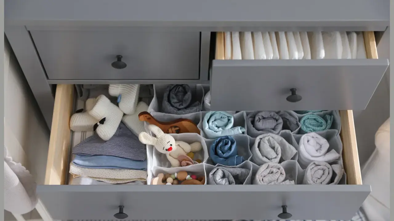 Ordentliche Schubladen einer Wickelkommode beschriften: Windeln oben, Babykleidung und Spielzeug unten, alles übersichtlich sortiert.