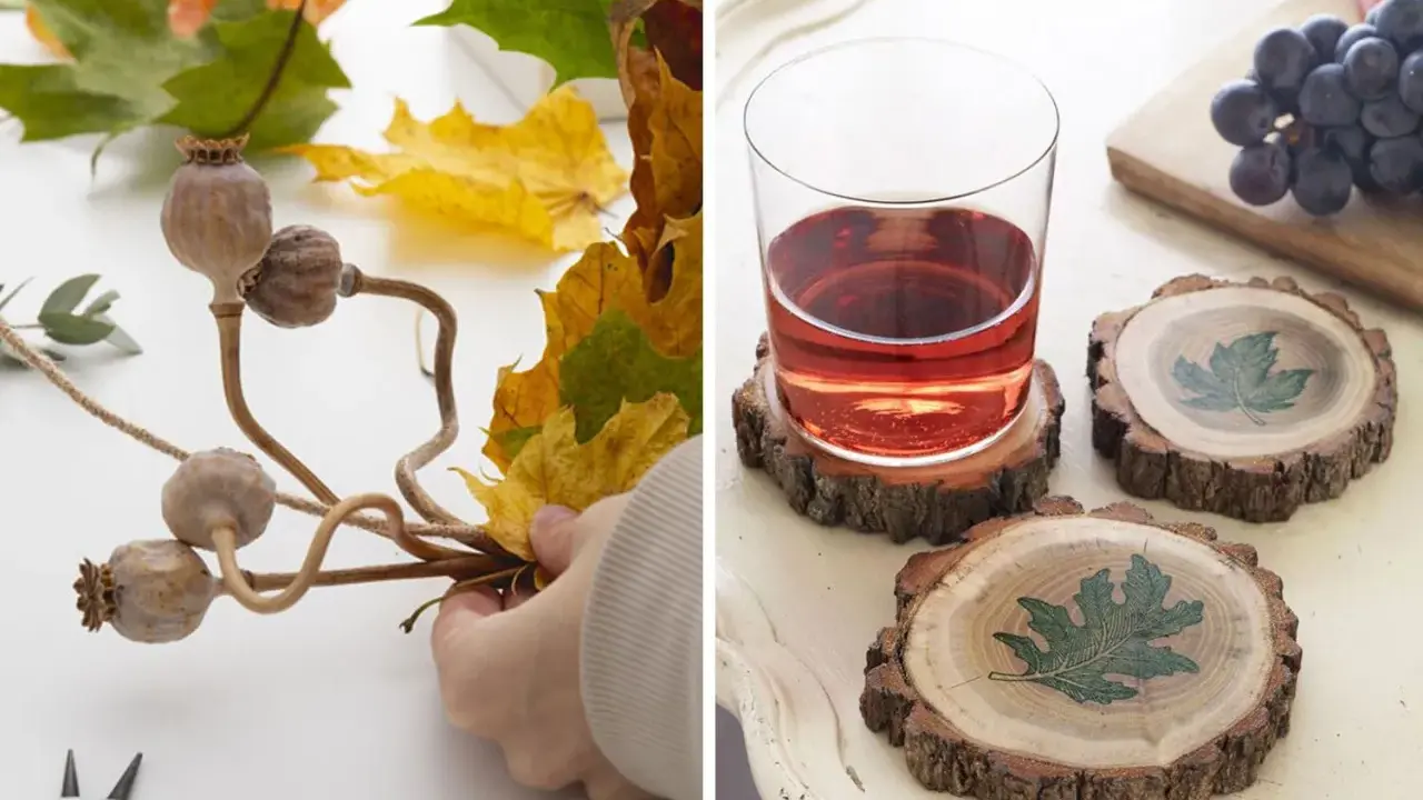 Création d'une décoration d'automne avec des coquelicots séchés et une feuille morte. À côté, des sous-verres en rondins de bois ornés de feuilles.