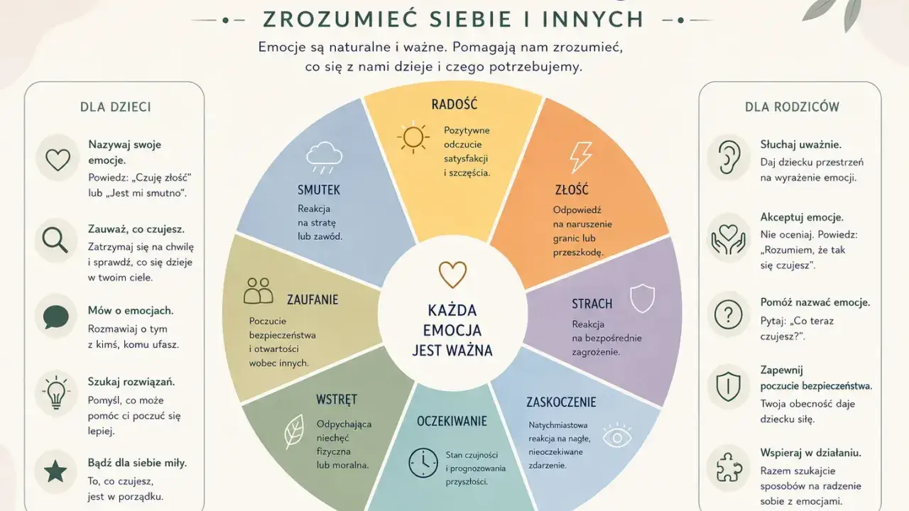 Koło emocji do druku: diagram przedstawia koło z emocjami (radość, złość, strach, zaskoczenie, oczekiwanie, wstręt, zaufanie, smutek) i wskazówki dla dzieci i rodziców.