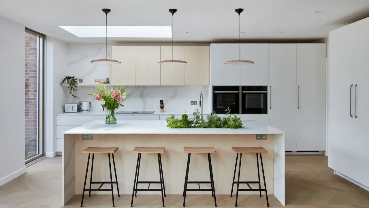 Cuisine moderne avec îlot central, tabourets en bois et une niche ouverte intégrée dans les placards.