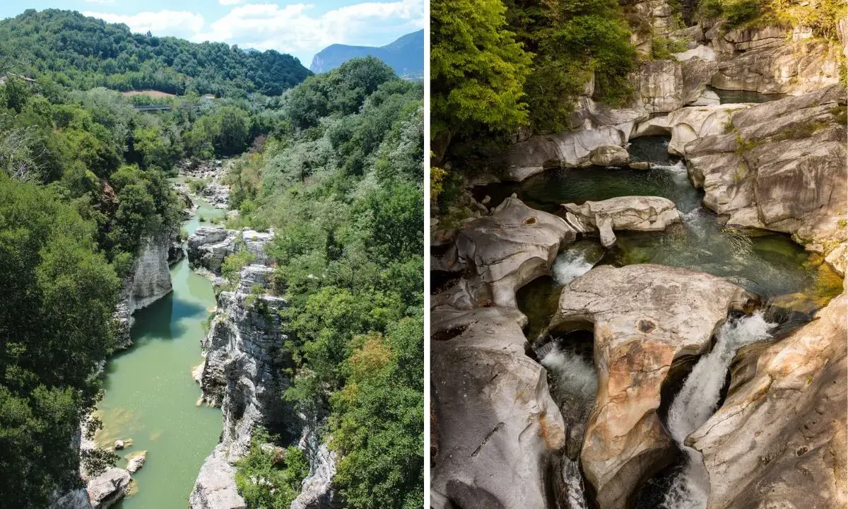 Gole scavate dall'acqua tra le verdi marche montagna. Un fiume serpeggia tra rocce levigate e vegetazione lussureggiante.
