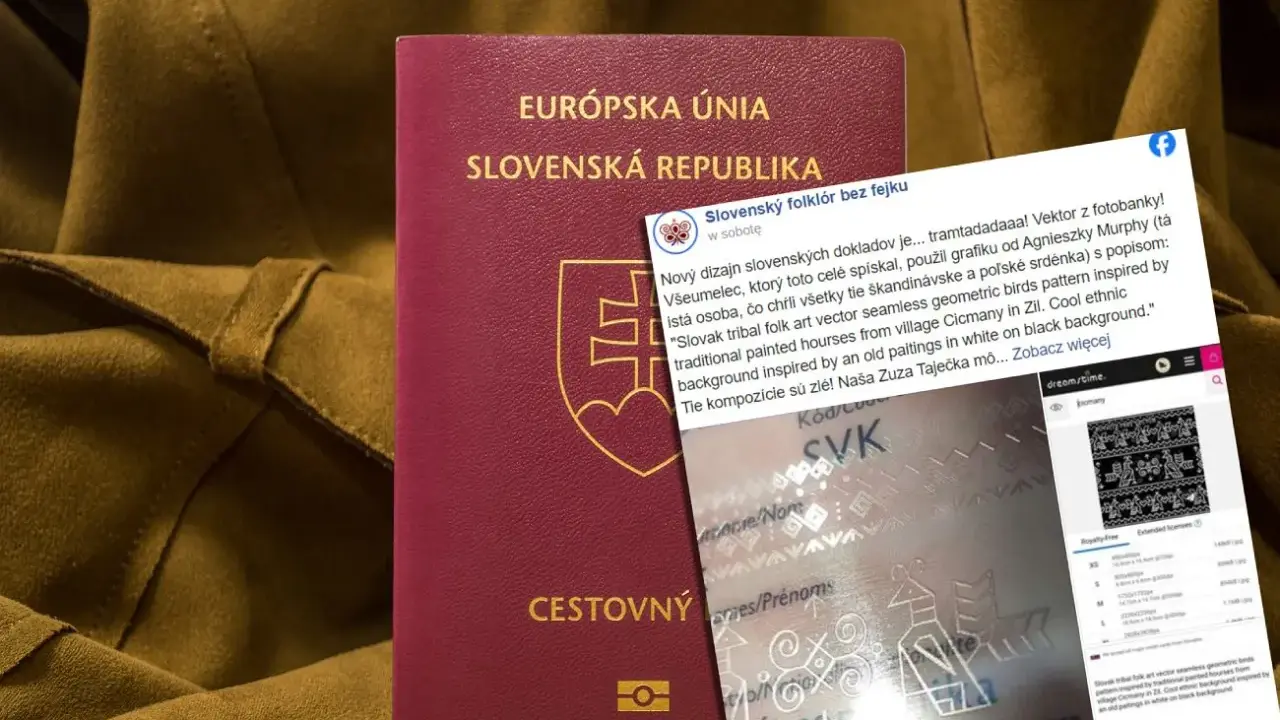 Czerwony paszport Słowacji leży na brązowym tle, obok niego znajduje się fragment ekranu z informacją o wzorze paszportu.