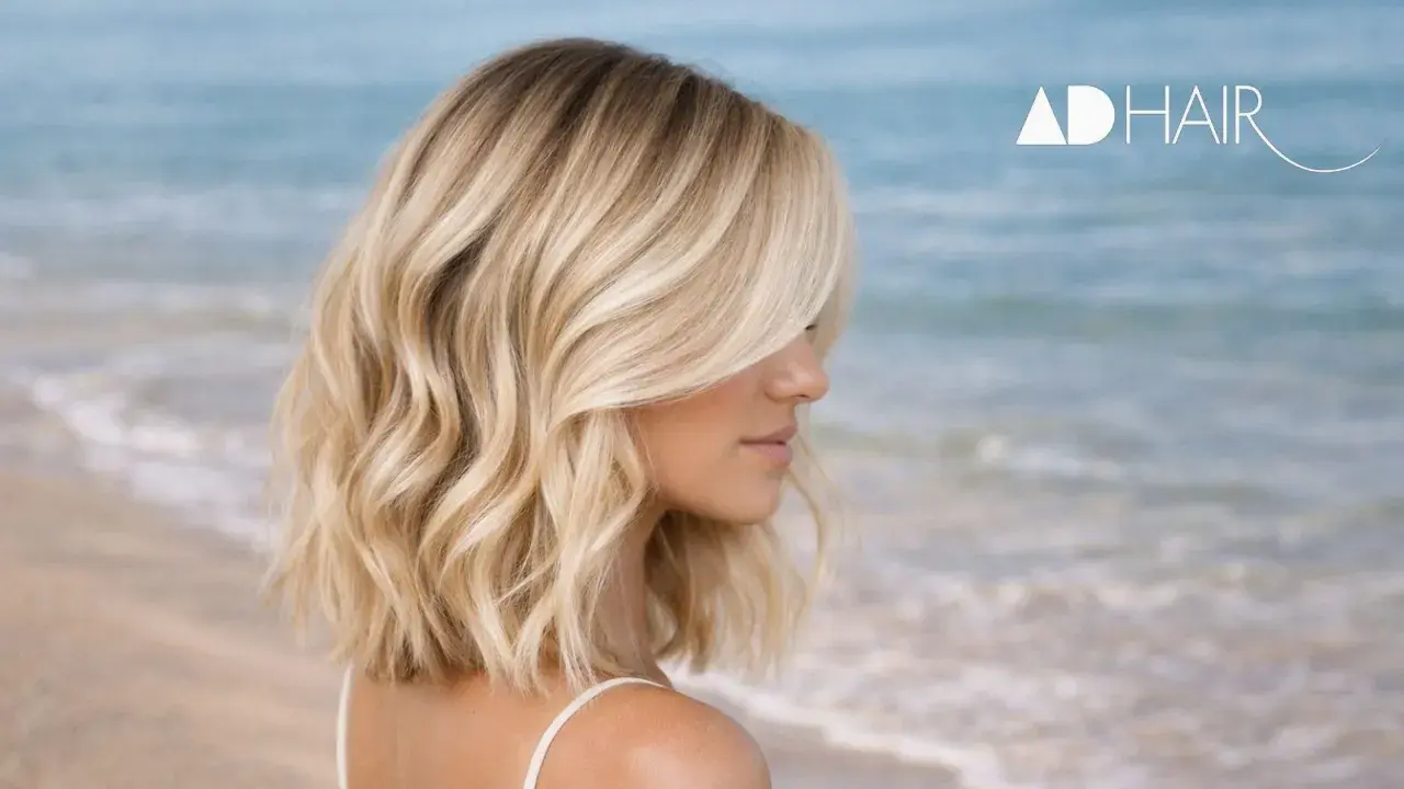 Capelli biondi mossi, perfetti per un look summer cool in riva al mare.