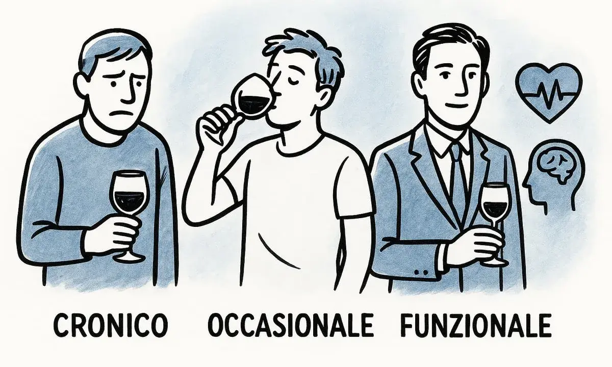 Tre uomini con bicchieri di vino: uno triste (cronico), uno che beve (occasionale), uno in giacca e cravatta con simboli di salute (funzionale). Le scuse di un alcolista.