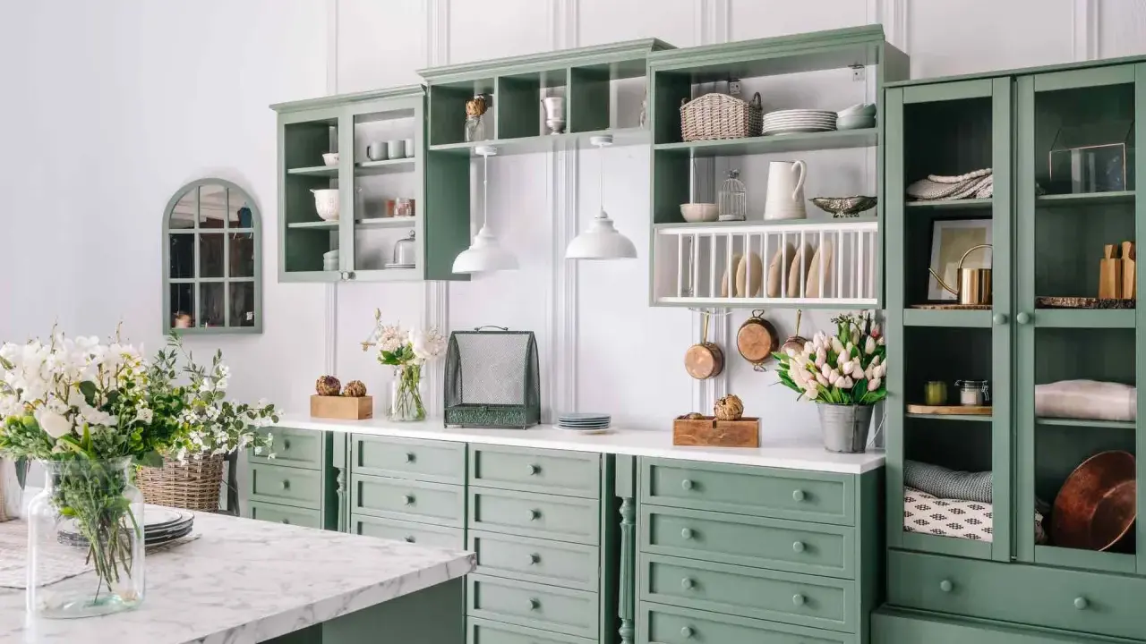 Cucina in stile provenzale casa con mobili verdi, pentole in rame appese e fiori freschi.