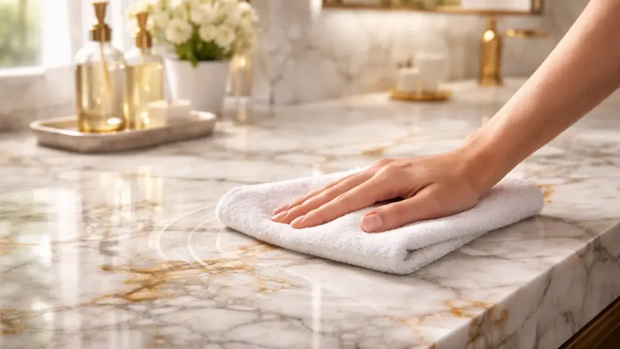 Hand wischt mit Tuch über Marmorplatte, um Flecken auf Marmor zu entfernen. Glänzende Oberfläche, luxuriöses Badezimmer.