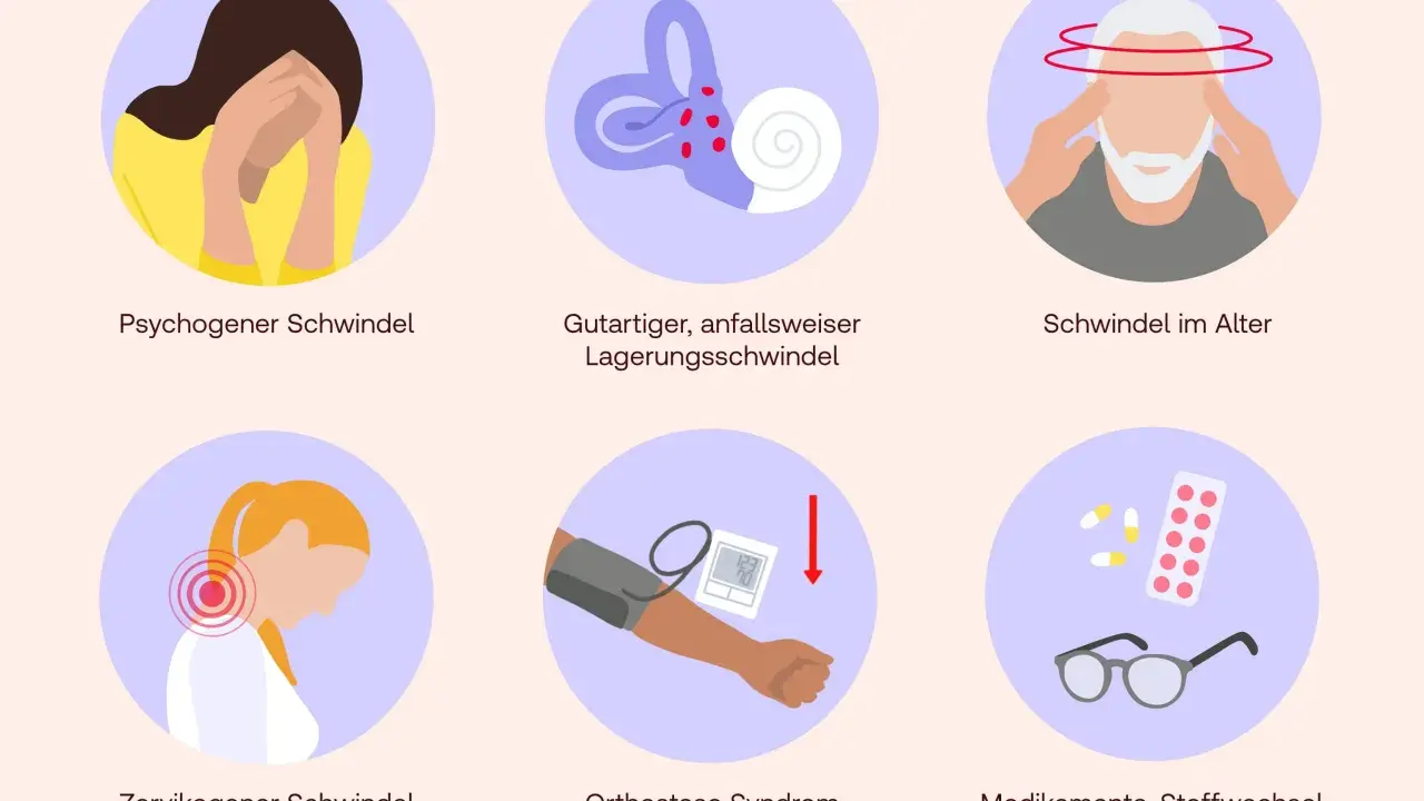 Sechs Kreise zeigen Ursachen für Schwindel: psychogen, Innenohr, Alter, Nacken (zervikogener Schwindel), Blutdruck, Medikamente.
