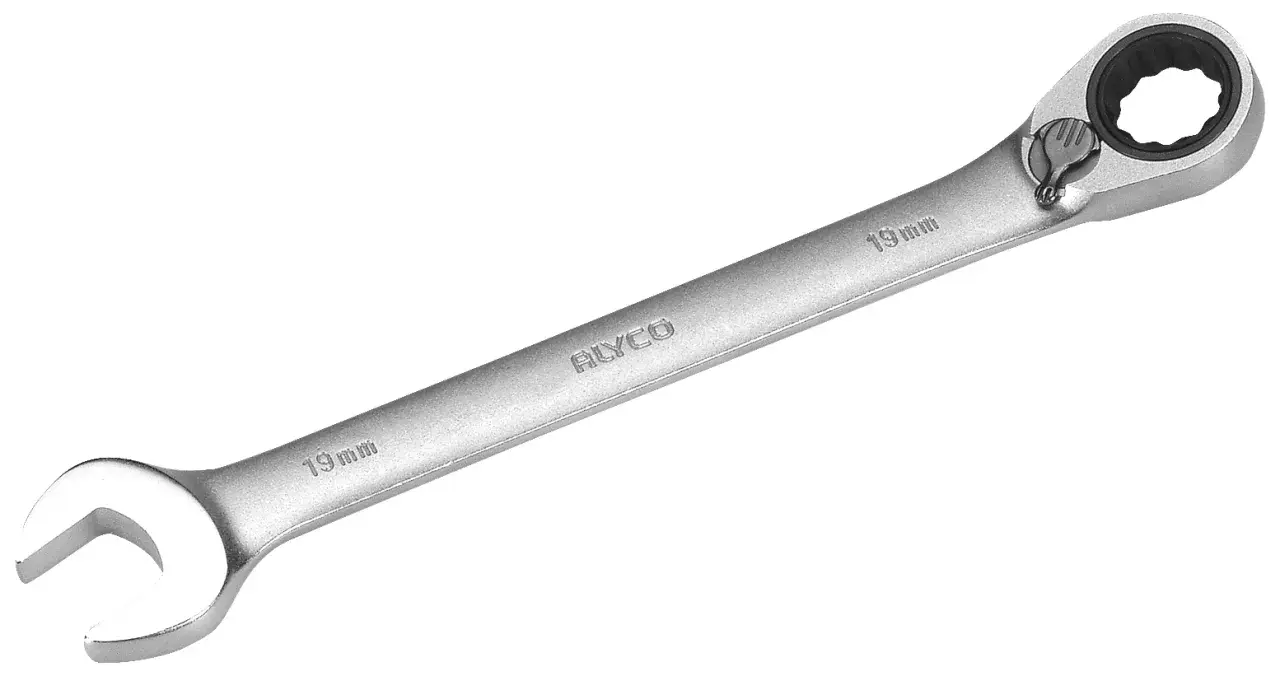 Llave combinada carraca de 19 mm, con extremo abierto y cabeza de carraca giratoria.